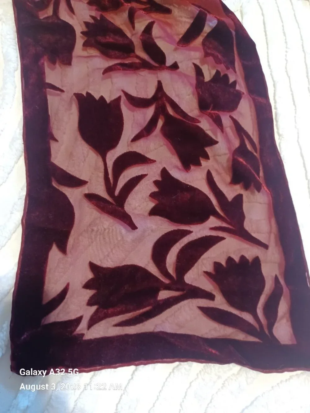 Women's Burgundy Velvet Floral Burnout Scarf